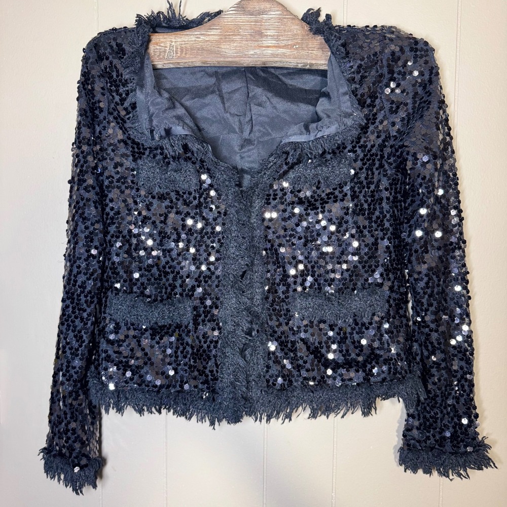Y2K Retro Bratz Black Sequin Fringe Crop Jacket Vintage Whimsigoth Med Grunge
